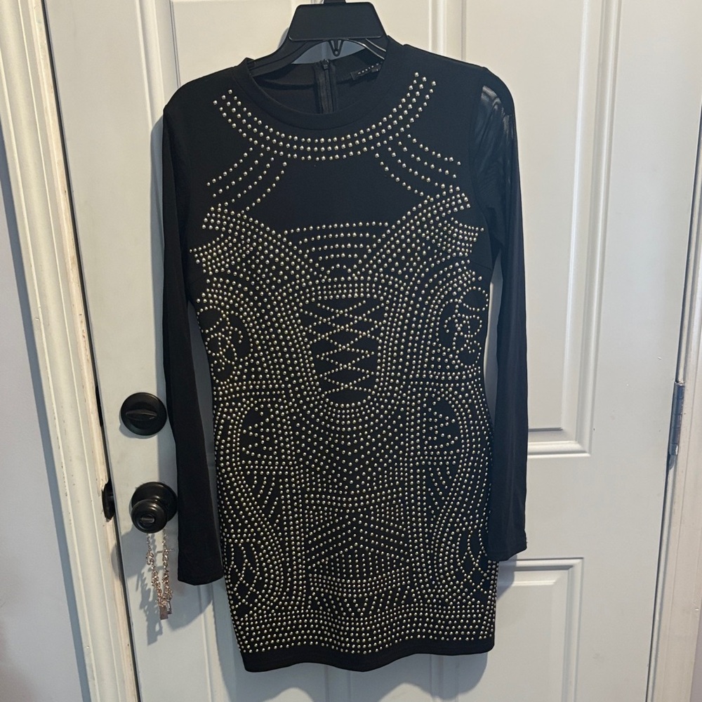 Haute Monde Black Long Sleeve Studded Bodycon Dress